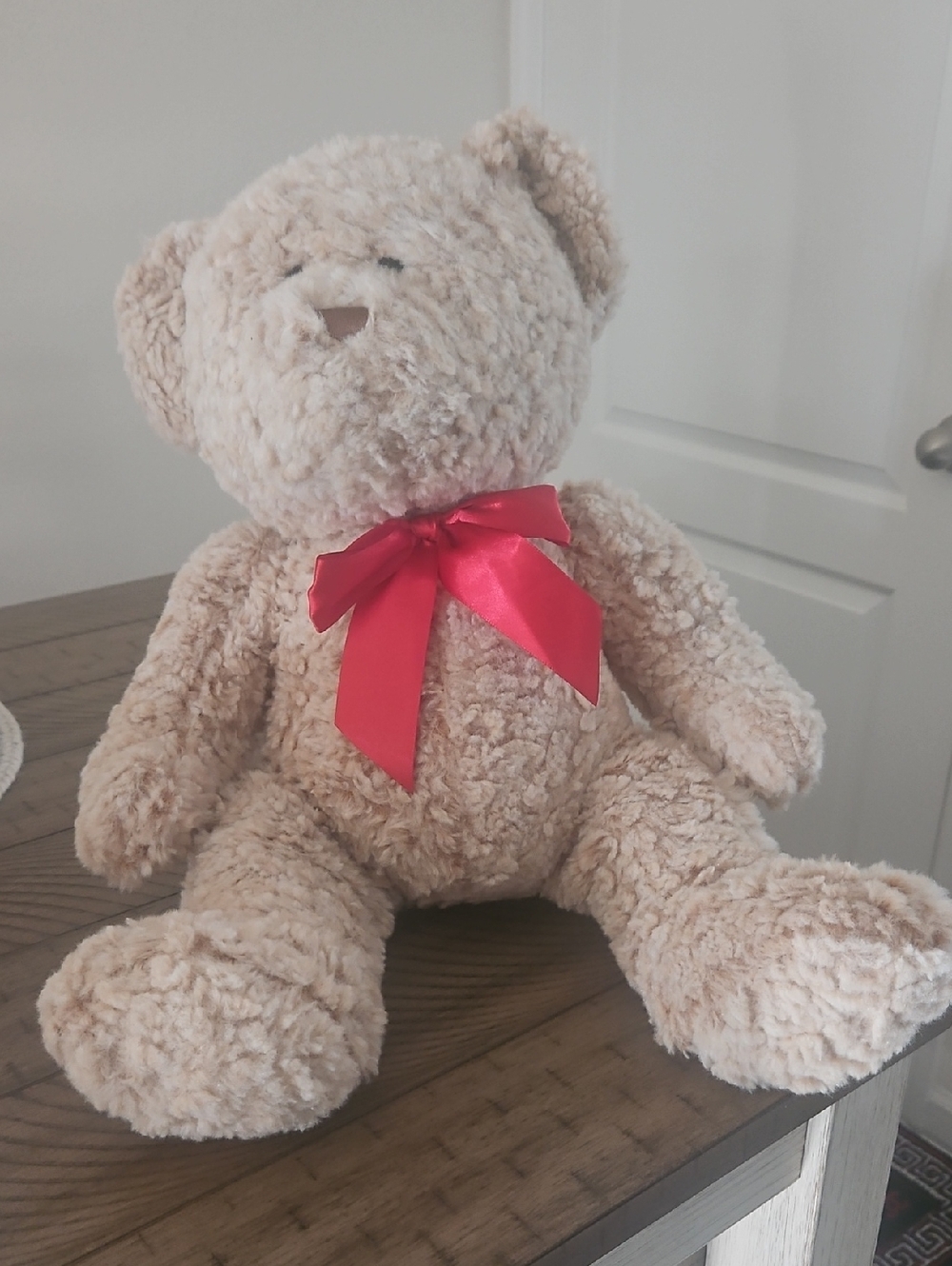 Plush Beige Teddy Bear with Red Bow New